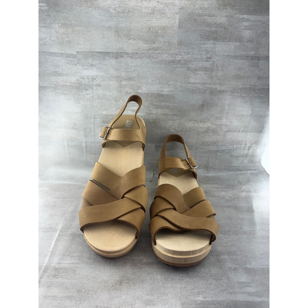 Sandgrens Swedish Wooden Clog Sandals Tan Nubuck Woven Slingback Women Sz EU 42